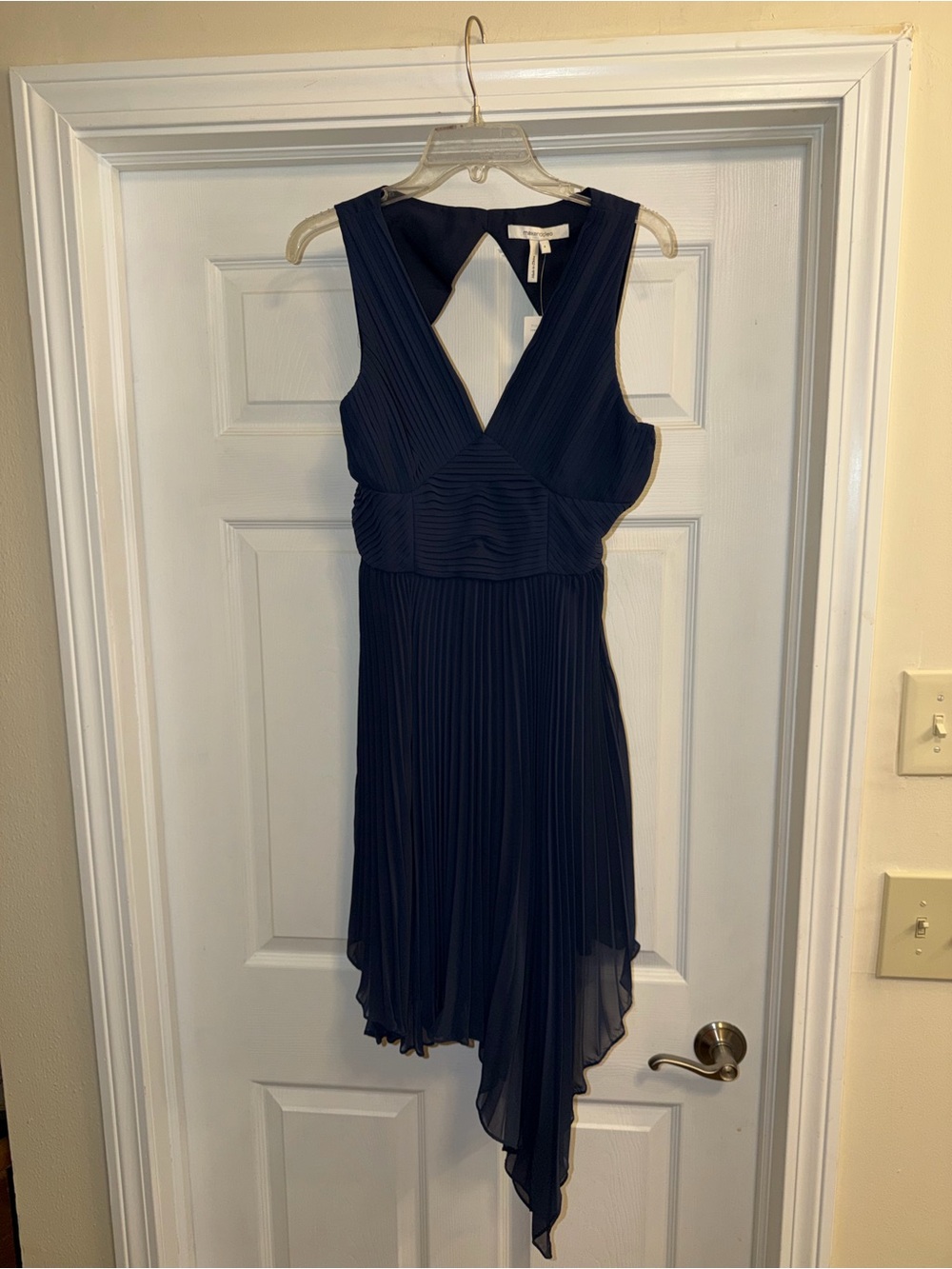 Max & Cleo Navy Pleated V-Neck Handkerchief Hem Dress